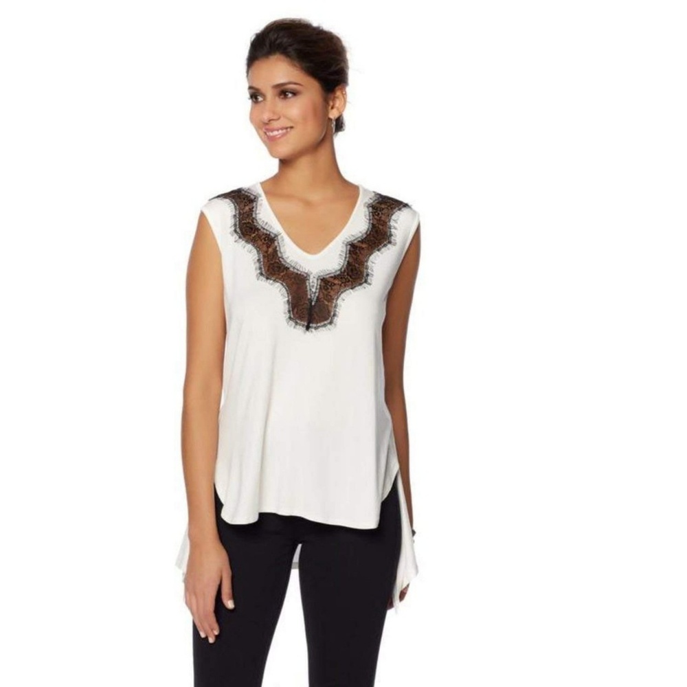 Labellum Hilary | White Ivory Black Lace Tunic Tank Top Sexy Lace Slit Side 2X